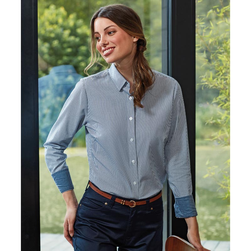 Women's cotton-rich Oxford stripes blouse - White/Light Blue XS